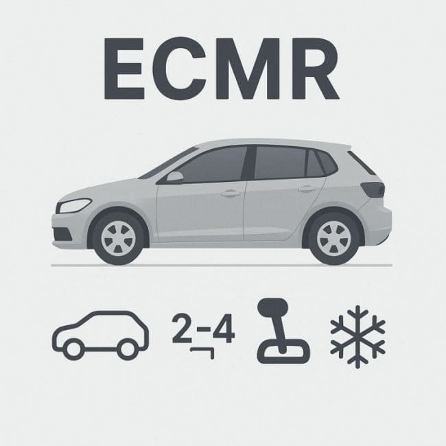 Mietwagenkategorie ECMR mit Auto-Silhouette und Symbolen für 2–4 Türen, manuelles Getriebe und Klimaanlage