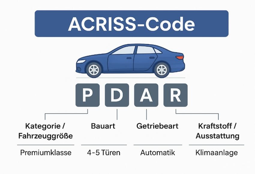 Infografik zum ACRISS-Code PDAR mit Illustration eines blauen Autos und Erklärung: Premiumklasse, 4–5 Türen, Automatikgetriebe, Klimaanlage.